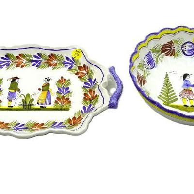 2 PC HENRIOT QUIMPER FAIENCE TRAY AND BOWL