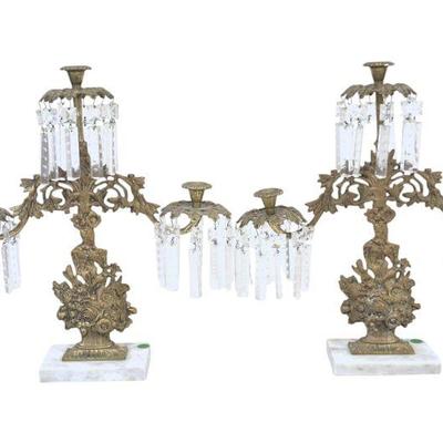 MATCHED PAIR ANTIQUE BRASS & CRYSTAL 3 ARM GIRONDOLES