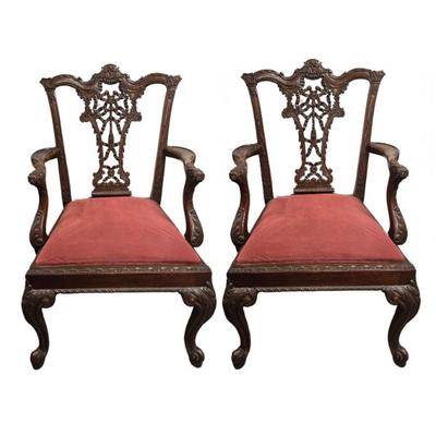 PAIR OF ENGLISH CHIPPENDALE STYLE CARVED MAHOGANY CHAIRS