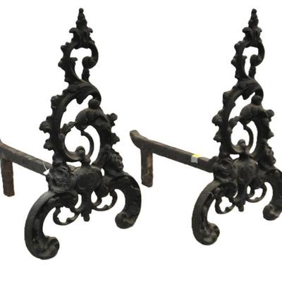 ANTIQUE PAIR AMERICAN ROCOCO CAST IRON ANDIRONS