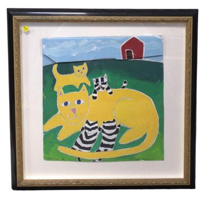 PRIMITIVE FOLK ART PAINTING "MAMA CAT III" BY SHERRY COOK TURNER
