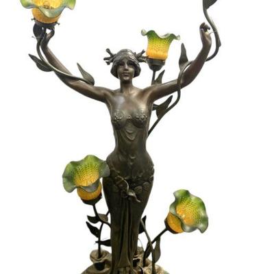 LARGE FRENCH ANTIQUE NEWEL POST ART NOUVEAU LAMP