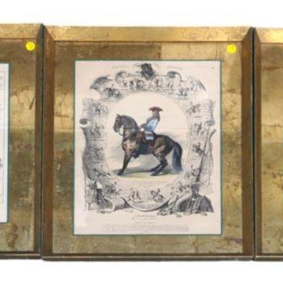 Three (3) Antique French Hand Colored Military / Equestrian Engravings from Histoire Pittoresque de L'Équitation Ancienne et...