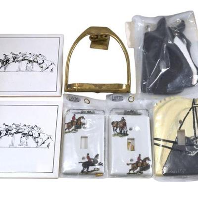 7 pc VINTAGE EQUESTRIAN TILES - DOOR KNOCKER - SWITCH PLATES