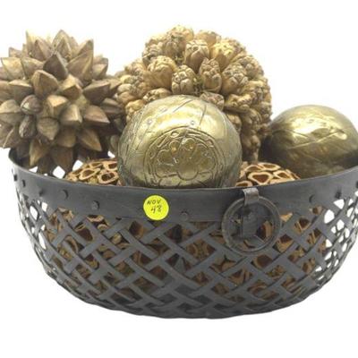 WOVEN IRON BASKET WITH DRIED POD & BRASS BALLS