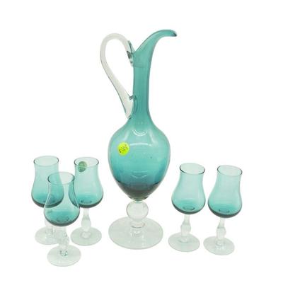 MCM MURANO EMPOLI TEAL WINE DECANTER WITH 5 GLASSES