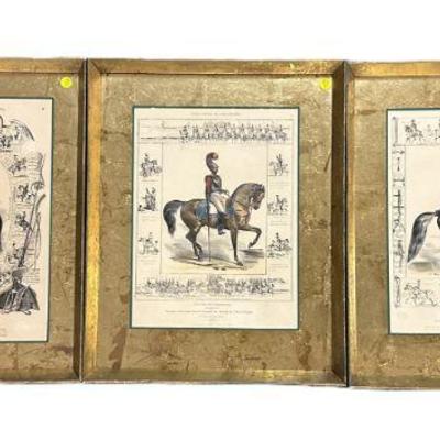 Three (3) Antique French Hand Colored Military / Equestrian Engravings from Histoire Pittoresque de L'Équitation Ancienne et...