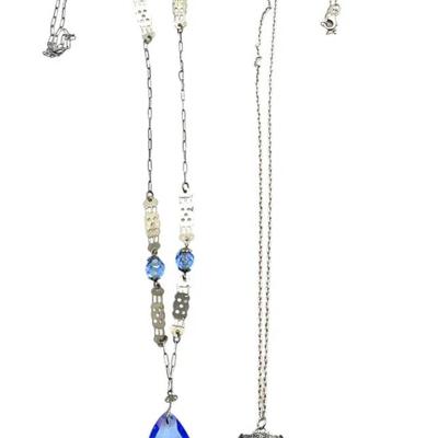 2 pc ANTIQUE STERLING BLUE GLASS NECKLACES