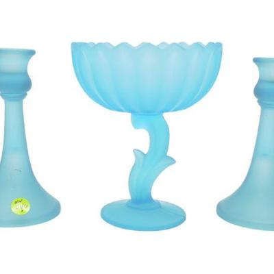 VINTAGE INDIANA GLASS 3 PC BLUE LOTUS CONSOLE SET