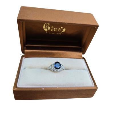 PLATINUM SAPPHIRE & DIAMOND ART DECO STYLE RING