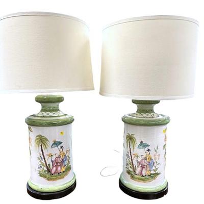 PAIR LARGE CONTINENTAL HAND PAINTED CHINOISERIE LAMPS