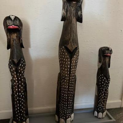 Handcarved Balinese Wooden Dog  Set Statue
