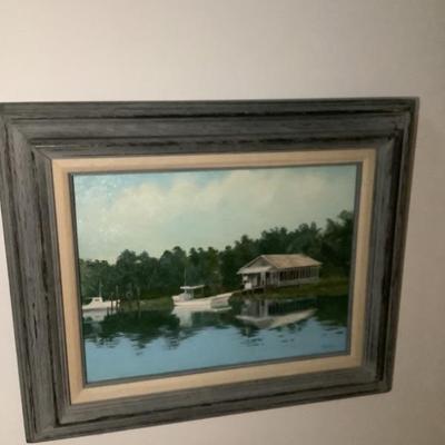 SOLD=$115 R Hoskins artist, boat, dock, house/shack 18"H 23"W 