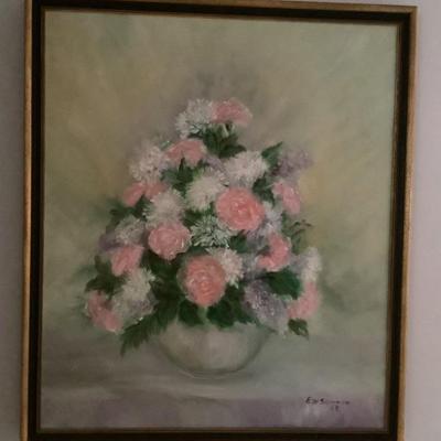 $99 E H Skinner '65 pink and white flowers in vase 30"H 26"W 