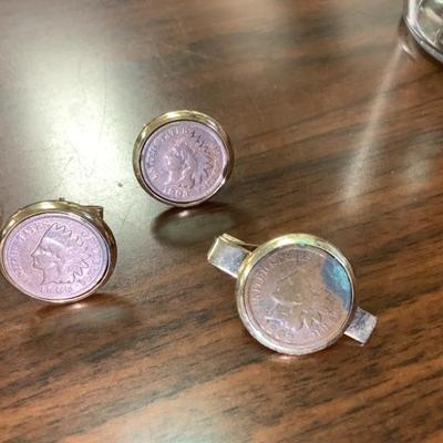 Indian head cufflinks & tie clip