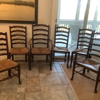 $349 6 ladder back rush chairs, 2 are armchairs