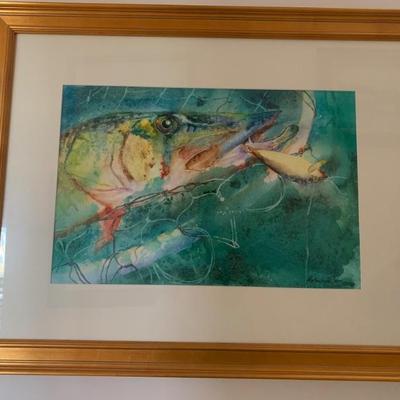 $135 Halscher fish with tackle and net 25"H 33"W
