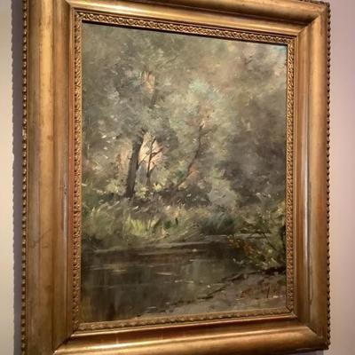 SOLD-$195 1904 oil Spanish artist, river scene 
