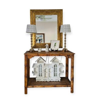 Rattan table gold frame mirror