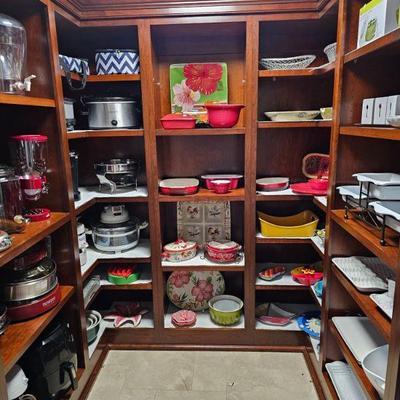 Entire closet full of serving ware and small appliances
