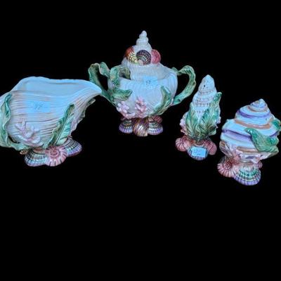 Fitz and Floyd sugar dish creamer and salt and pepper Oceana pattern
