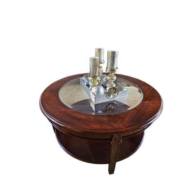 One of a pair of accent chairs round coffee table with glass insert