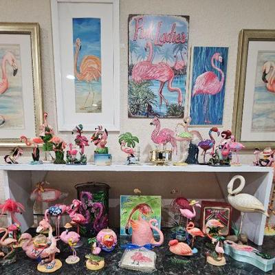 Huge array of flamingo items including wall hangings and miscellaneous pieces
