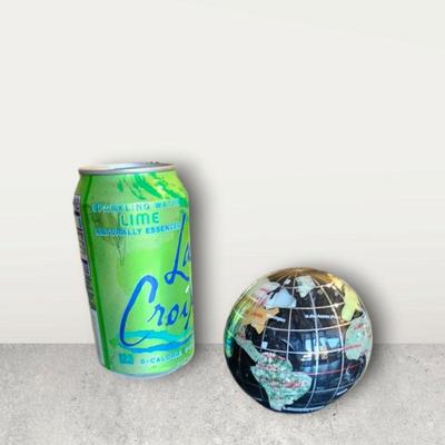 Small world globe with semi-precious stones- can for scale