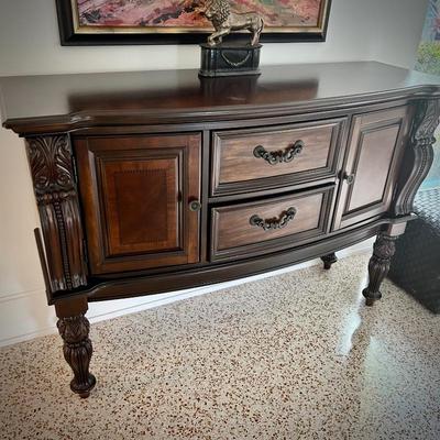 Dark wood sideboard w/ 2 cabinets and velvet interior in drawers
