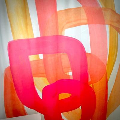 Pink/orange shower curtain and bathroom decor
