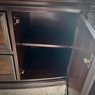 Dark wood sideboard w/ 2 cabinets and velvet interior in drawers
