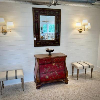 Red floral bombe chest and red Italian-style mirror