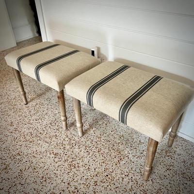 Pair of blue ticking foot stools