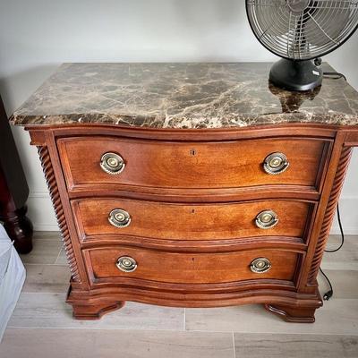 Second of two Stanley 3-drawer nightstands with marble top