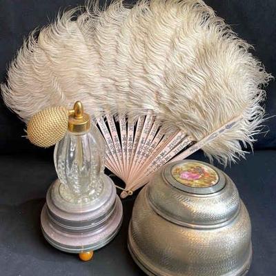 Vintage Ladies Dresser Items * Musical Boxes * Feather Fan * Perfume Bottle
