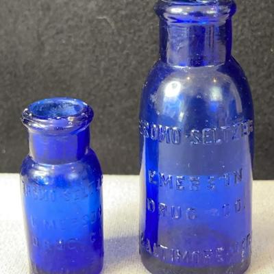 2 Awesome Cobalt Blue Glass Bottles * Emerson Drug Co.
