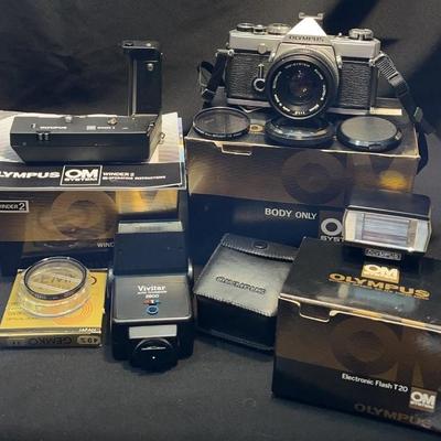Olympus OM-1 Film Camera, Winder 2, Gemko Filter, Electronic Flash T20, Vivitar Flash
