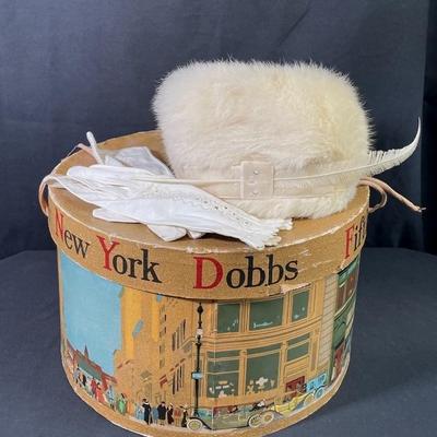 Vintage Off White Fur Headpiece * Off White Color Leather Gloves * Dobbs NY Hatbox

