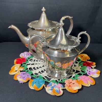 Shreve & Co Sterling Silver Teapot * Large Sugar Bowl Set * Crotchet Doily
