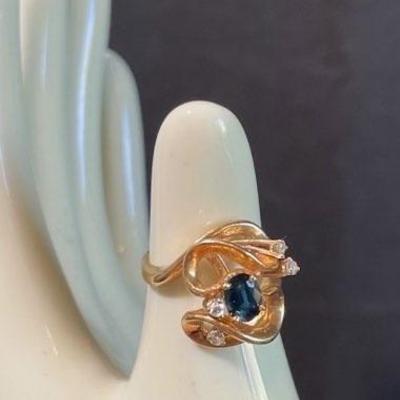 14K Yellow Gold * Diamonds / Blue Sapphire Ladies Ring Size 6.5
