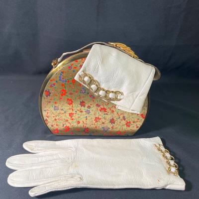 1950’s Metal Purse * Evening Bag Floral Design * Leather Gloves Size 4
