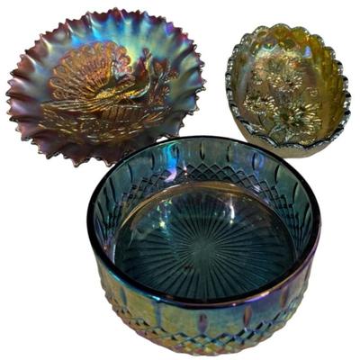Carnival Glass * Peacock Bowl * Pansy Oval * Iridescent Round
