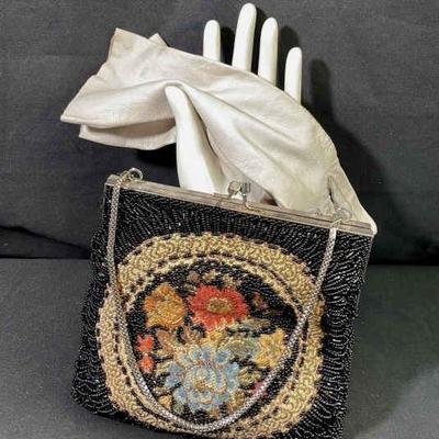 Vintage LeRegale Beaded Evening Bag * French Leather Off White Gloves

