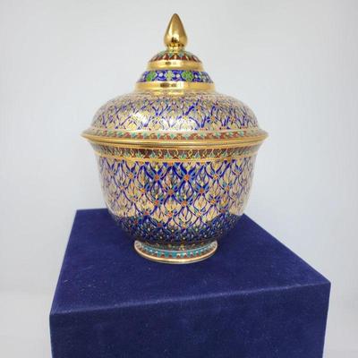 Thai Benjarong Porcelain Lidded Jar 24Kt Gold Enamel