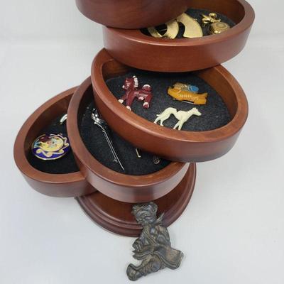Oval Wood Jewelry Holder Filled with Vintage Brooches