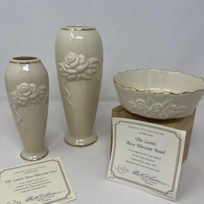 Lenox 'Rose Blossom" Vases and Bowl with Certificates