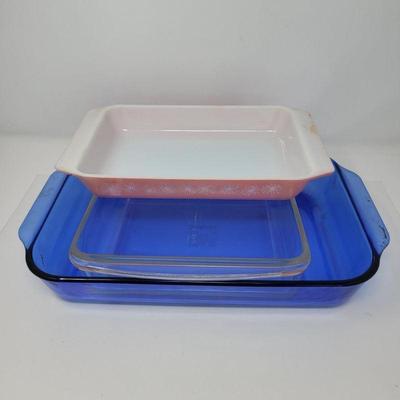 Pink Daisy & Cobalt Blue Pyrex Bakers MORE