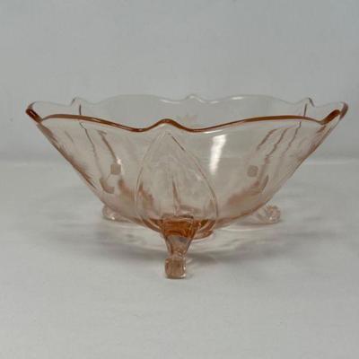 Three Footed Pink Etched Depression Glass Bowl