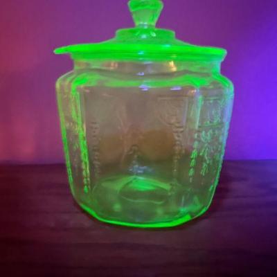 Large Uranium Depression Glass Biscuit Jar - 1930