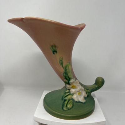 1940s Coral Pink Roseville Pottery White Rose Cornucopia Vase